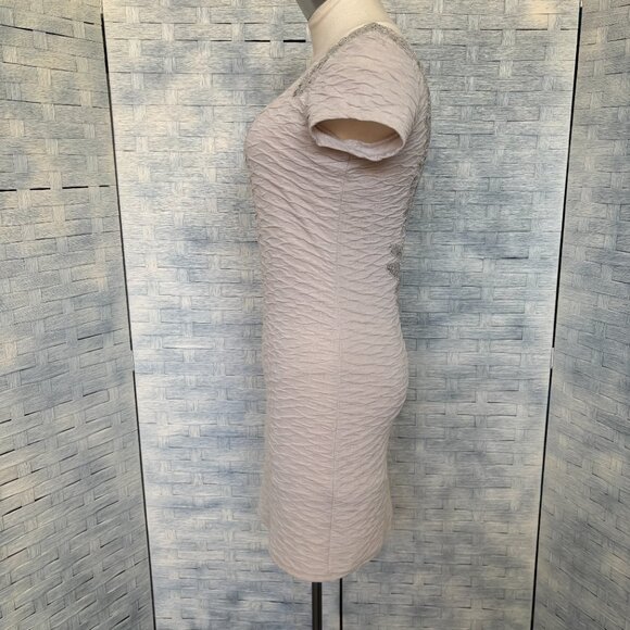 Free People Textured Beaded Scoop Neck Mini Dress Light Beige Short Sleeve - Picture 3 of 11